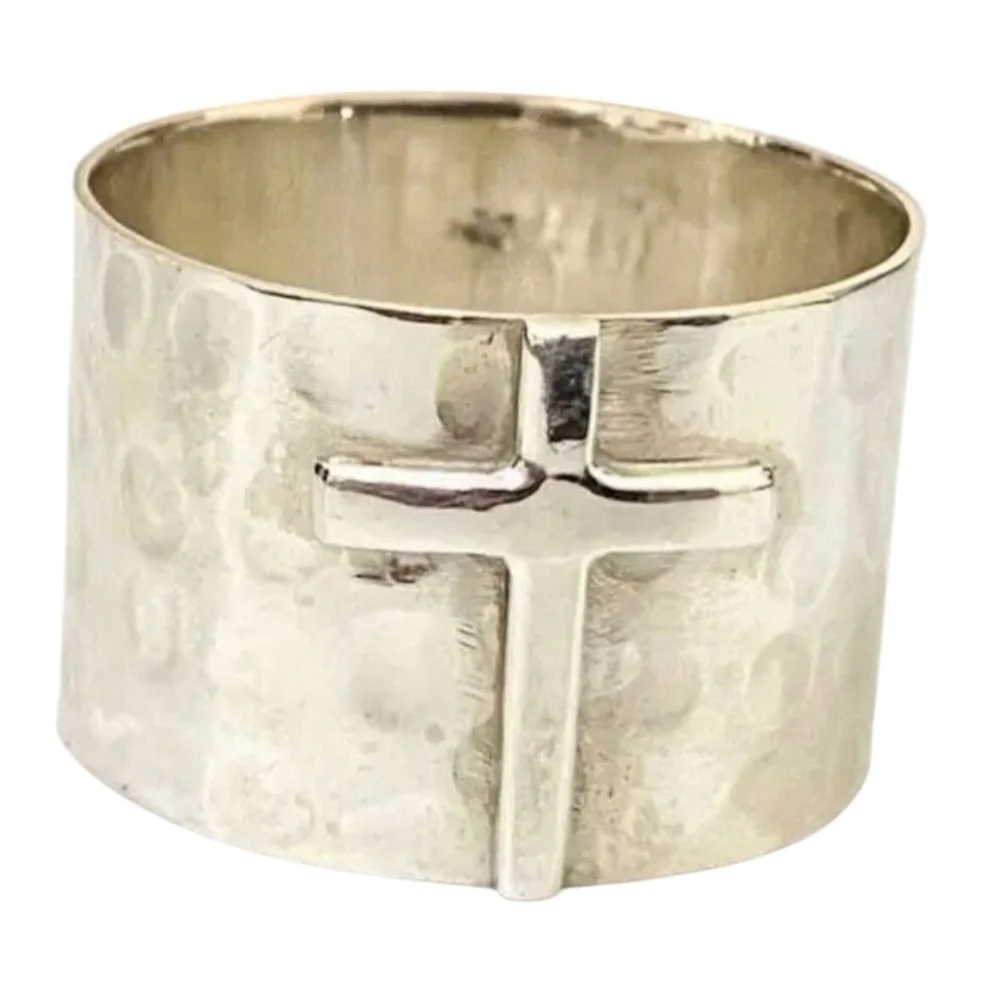 Hammered Silver Cross Wide Band Ring Women Size 7 9 - Picture 3 of 5